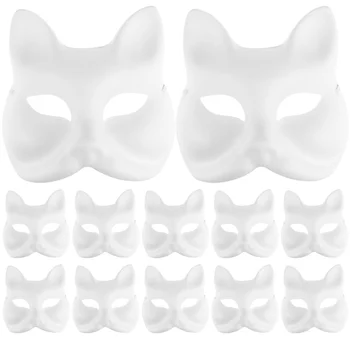 12pcs นใส่หน้ากากกระดาษเปล่าสีขาววันฮัลโลวีน Cosplay แมว Diy Forface Paintable สองสามครึ่งสัตว์ Mache งานปาร์ตี้ Mardiup นงานฝีมือ