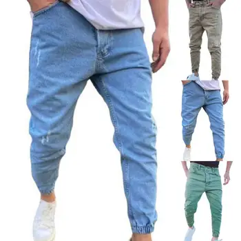 2023 ฤดูใบไม้ร่วงน้อยพอดีกับผู้ชายคือกางเกงยีนส์บริสุทธิ์สีของบัญเอิญเปิดเอวกางเกงยีนส์เดินเท้ากางเกง Streetwear กวิ่งค Denim กางเกงในชาย