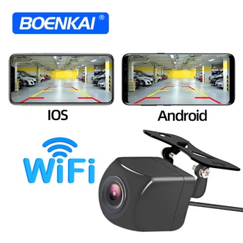 BOENKAI เครือข่ายไร้สายรถด้านหลังมุมมองของกล้อง WIFI 170 ปริญญาหรอกย้อนกลับกล้องล้องที่มีความคมชัดสูงนะคืนนี้มองเห็นจอดรถสำหรับ iPhone Android 12V Waterproof