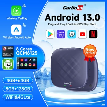 CarlinKit ทีวีกล่อง Android 13 เครือข่ายไร้สาย Carplay&Android อัตโนมัติรถนำร่อง Ai กล่องเครือข่ายไร้สาย Dongle IPTV Netflix เล่นวิดีโอ 64G 128G
