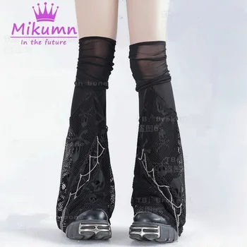 Harajuku กอธิคสีดำลูกไม้กระโหลกโครงร่างห่วงโซ่เข่าสูงขาถุงเท้าผู้หญิงผู้หญิงพังก์ร็อก Streetwear ขาปกปิด