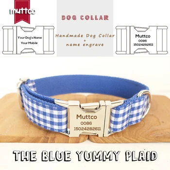 MUTTCO retailing ตัวเองออกแบบกเอาไปแกะสลัก personalized กเว้นสร้อยคอสีน้ำเงินของอร่อยอ PLAID adjustable หมา collars leashes 5 ขนาด UDC046