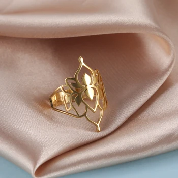 Skyrim อกบัวที่แหวนสำหรับผู้หญิง Stainless เหล็กกล้าเนื้อสีทองดอกไม้ของสวรรค์ Adjustable วินเทจแหวนแต่งงาน Bohemian เครื่องประดับของขวัญ