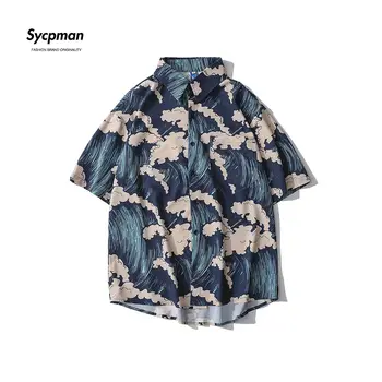 Sycpman ใหญ่โตสุดสุด Mens Shortsleeve เสื้อฤดูร้อนหลุดง่ายๆสร้างสรรค์การพิมพ์ Streetwear แฟชั่นสบายๆ