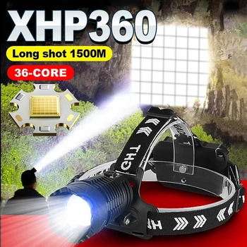 XHP360 นำ Headlamp 5000000LM 36Core Zoomable Headlight TypeC Name 18650 หัวไฟฉาย 800M นานช่วงตกปลาต่างกันมา