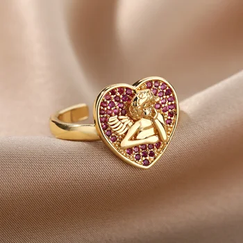 Zircon หัวใจนางฟ้าแหวนสำหรับผู้หญิง Stainless เหล็กกล้าเนื้อหัวใจ Goth แองเจิ้ลปีกนิ้ว Adjustable แหวน Aesthetic เครื่องประดับ Bijoux Femme