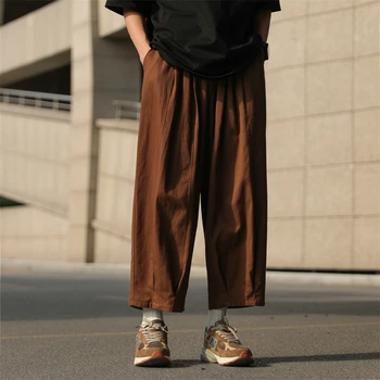 ค็อตตอนหน้าร้อนปกติกับกางเกงแฟชั่นผู้ชายปกติเลยกว้างขากางเกง Mens ญี่ปุ่น Streetwear ปล่อยสะโพกขึ้นตรงกางเกง Mens กางเกง