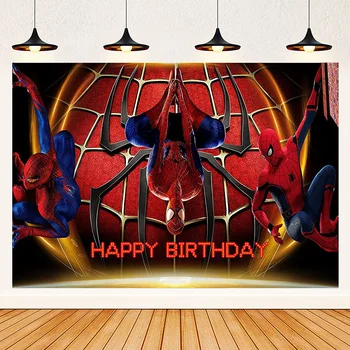 ซุปเปอร์ฮีโร่สีแดง Spiderman Photography ฉากหลังสุขสันต์วันเกิดงานปาร์ตี้ตกแต่งสำหรับเด็กหนุ่มรูปสตูดิดอสอบพวกอุปกรณ์ประกอบ Vinyl พื้นหลัง
