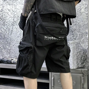 ผู้ชายผิวดำริบบิ้นสะโพกขึ้นสินค้ากางเกงสามมิติที่คอยเติมกระเป๋า Harajuku พังก์กางเกงขาสั้นเบอร์มิวดา Homme