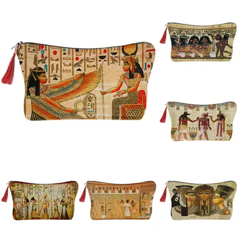 ศิลปะอียิปต์แต่งหน้ากระเป๋าสำหรับผู้หญิง Cosmetic คลัชต์ดินสอคดีพวซิป Pouch ว่างกำลังเสียเปเดินทาง Toiletry จัดการถุงใส่เหรียญ