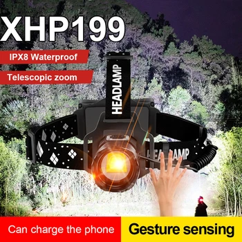 สูงพลังงาน XHP199 Ultra ทรงพลัง Headlamp พอร์ต USB Name นำ Headlight ขยายหัวแสงสว่าง 18650 ตอนนำหัวไฟฉายคบเพลิง
