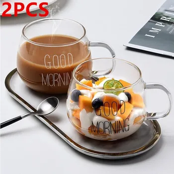 2PCS อรุณสวัสดิ์ความโปร่งแสงสร้างสรรค์แก้วกาแฟถ้วยเครื่องดื่มของหวานอาหารเช้ามชาถ้วยแก้วแก้ว Handgrip Drinkware
