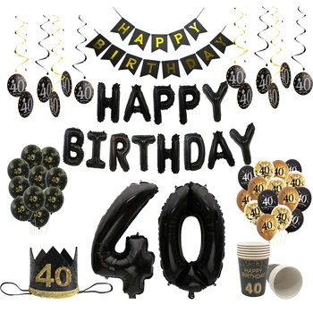 40 ปีสีดำทองลูกโป่งป้าย Tableware วันเกิดเสบียงบ้านที่ 40 คนหญิงคนสุขสันต์วันเกิดงานปาร์ตี้วันครบรอบวันแต่การตกแต่ง