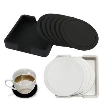 7pcs ไม่พลาดโต๊ะองแก้ตั้งค่าความร้อนต่อต้าซิลิโคนรองจาดื่มแก้วดำ Coasters องครัวเครื่องประดับกาแฟถ้วย Placemat