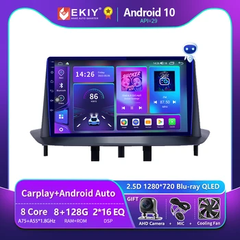 EKIY T9008 แกนกลางสำหรับเรโนลต์ Megane 3 Fluence 2008-2014 รถวิทยุสื่อประสมบูเรย์ QLED นำร่องจีพีเอสโดยอัตโนมัติ Android ไม่มี 2 Din