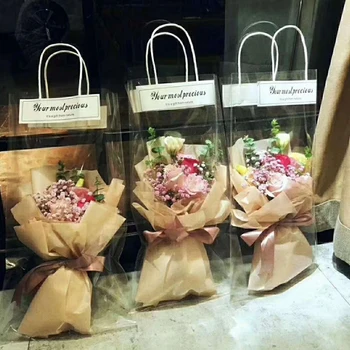 ดอกไม้กล่องเก็บของโปร่งใส PVC ดอกไม้ช่อดอกไม้ Bagging อกไม้ตกแต่งหน้าต่างนาน Tote ชัดเจนกระเป๋า Collocation Packaging กระเป๋า