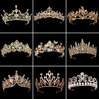 ทองสีของมงกุฏและ Crowns สำหรับผู้หญิงแต่งงานชุดเจ้าสาวผมเครื่องประดับเพิร์ล Rhinestone Headpiece เจ้าสาว Headdress งานพรอมเครื่องเพชร