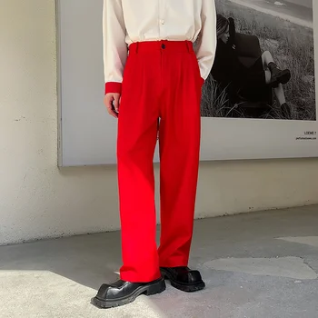 สีแดงชุดสูทกางเกงแฟชั่นผู้ชายทางสังคม Mens ชุดกางเกงในภาษาเกาหลีหลุดตรงกว้างขากางเกง Mens ปรับขนาดทางการกางเกง M-XL